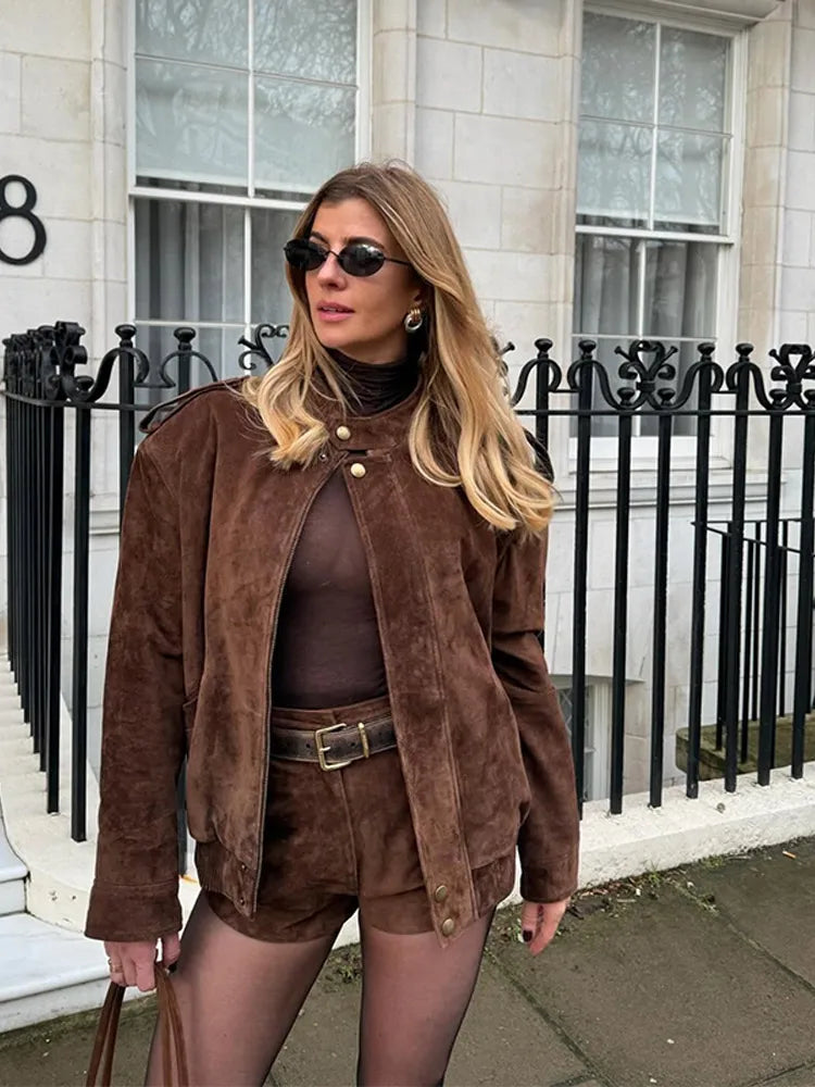 Vintage Suede Women Double Breasted Coat