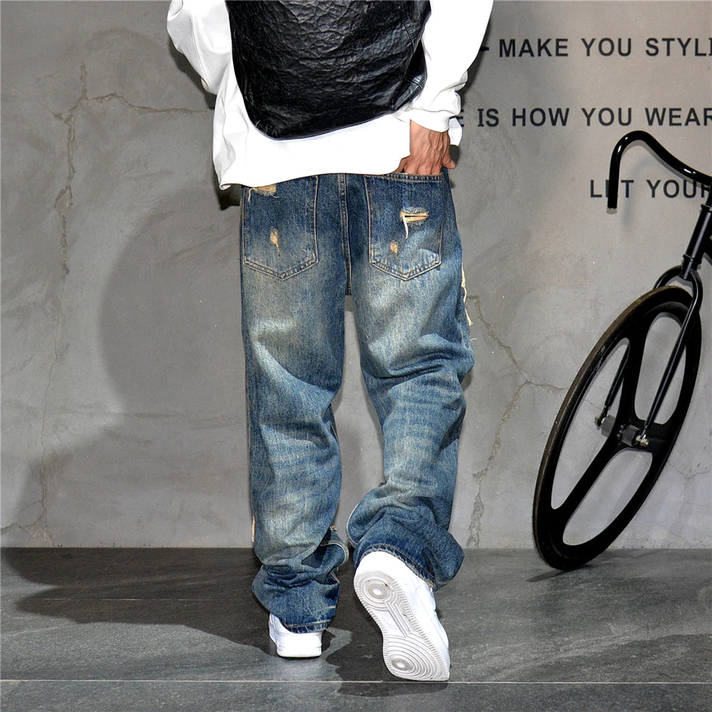 Mens Baggy Distressed Denim Patchwork