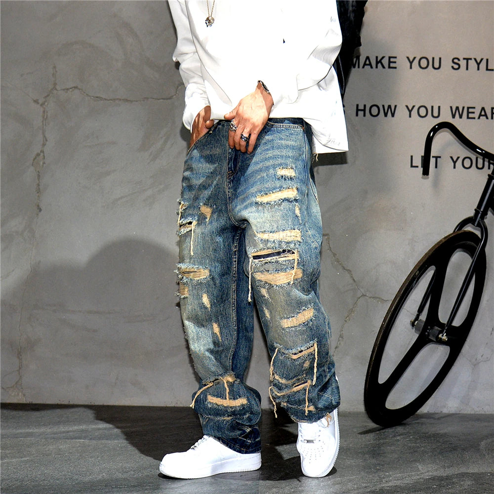Mens Baggy Distressed Denim Patchwork