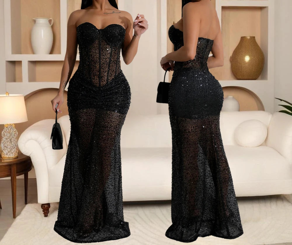 Womens  See-through Evening Maxi Dress