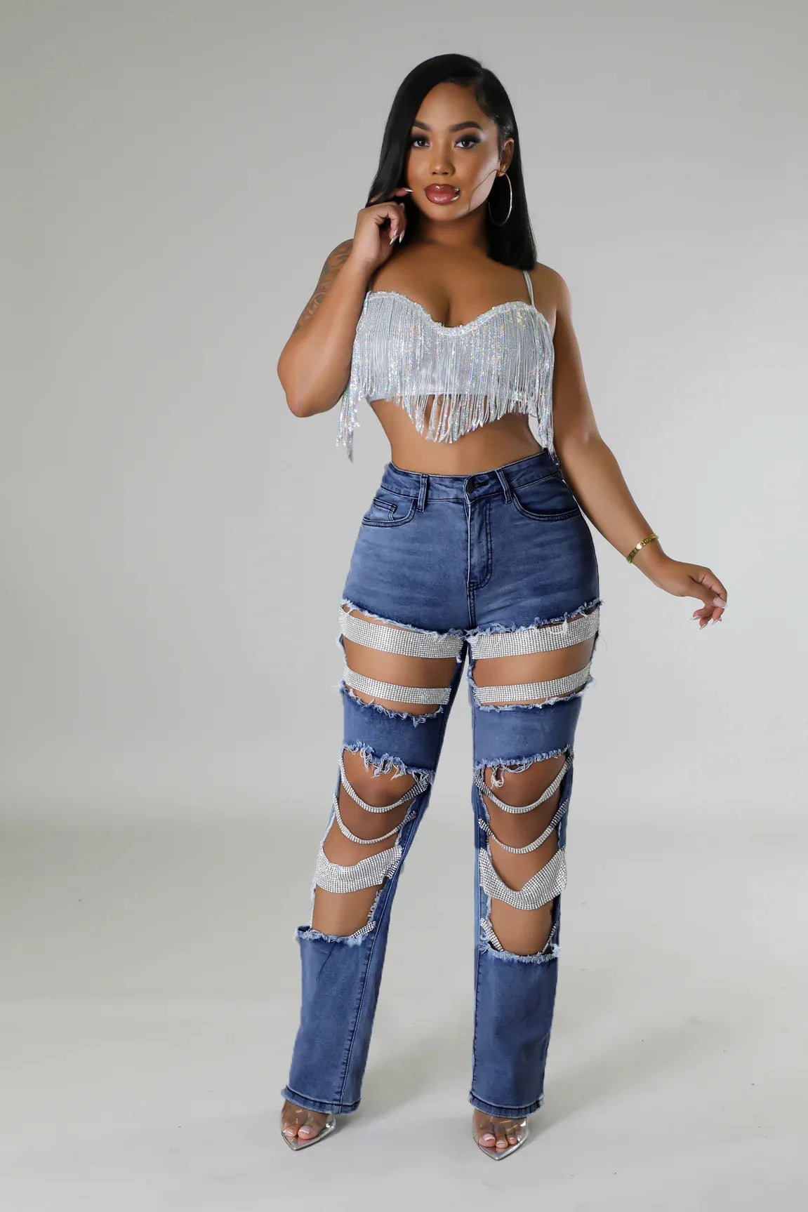 Women Diamonds Chain Stretch High Waist Jeans