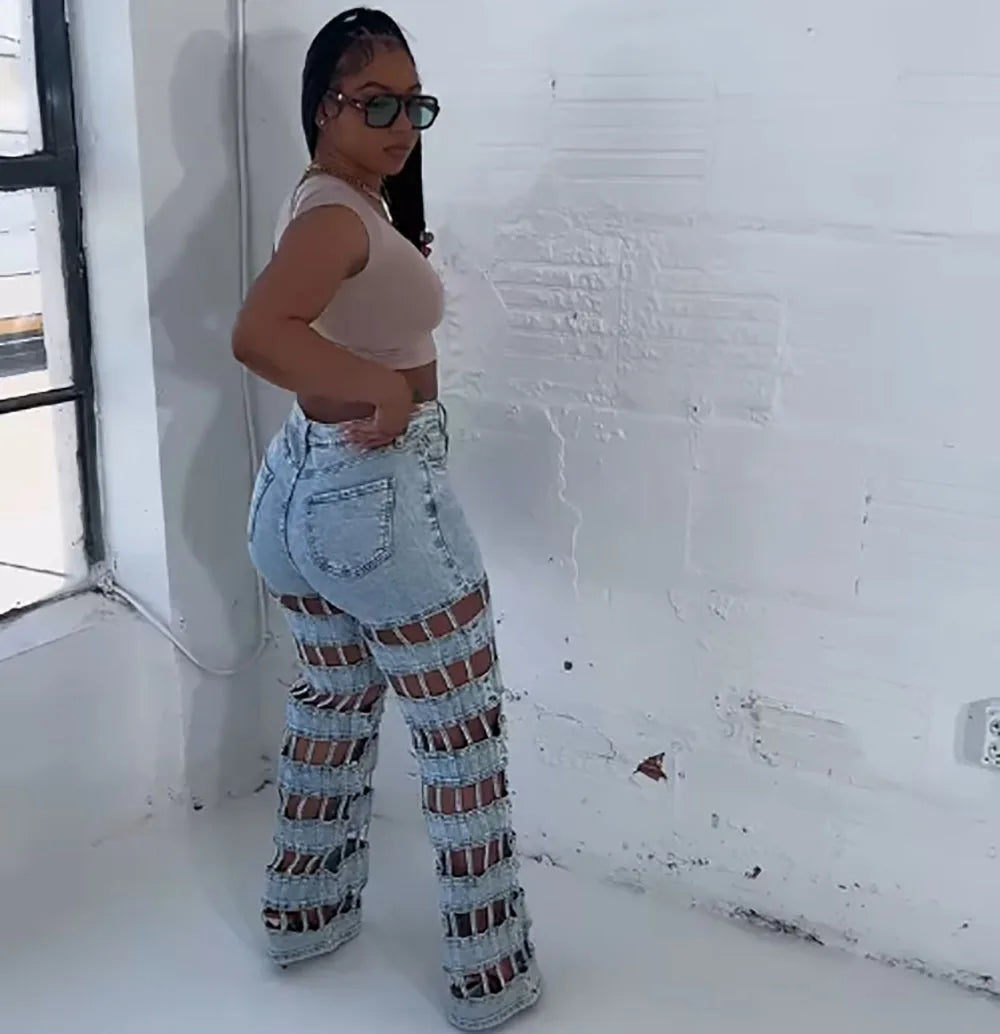 Women Hollow Out High-Waisted Jeans