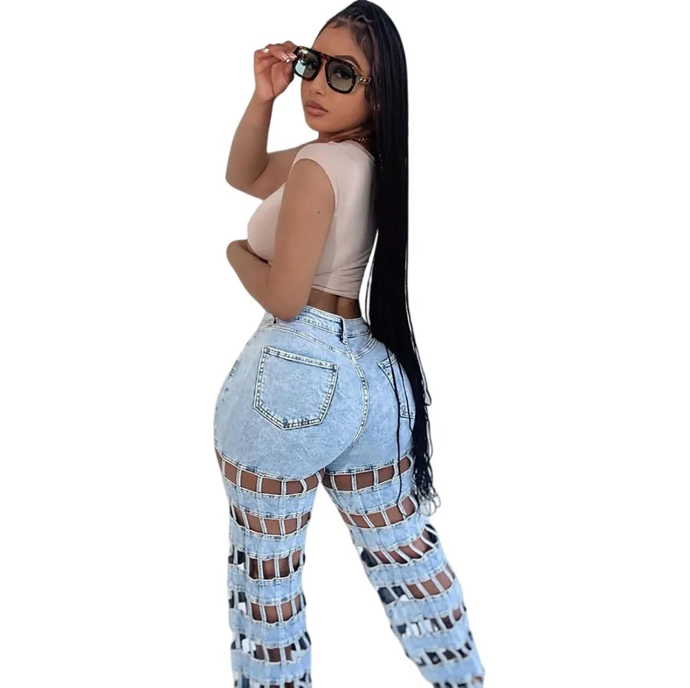 Women Hollow Out High-Waisted Jeans
