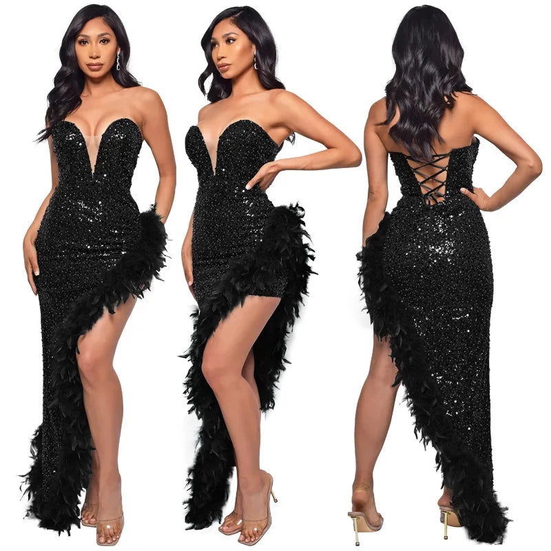 Women Asymmetrical Feather Cocktail Party Dress