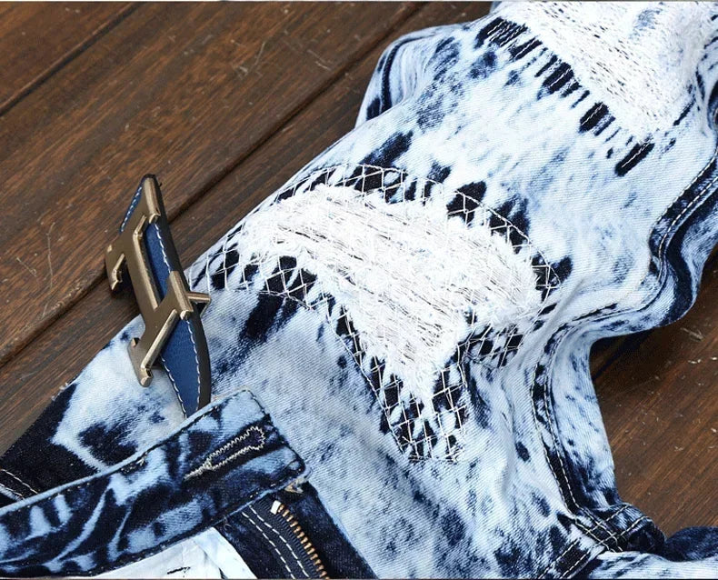 Men's Embroidered Patchwork Ripped Jeans