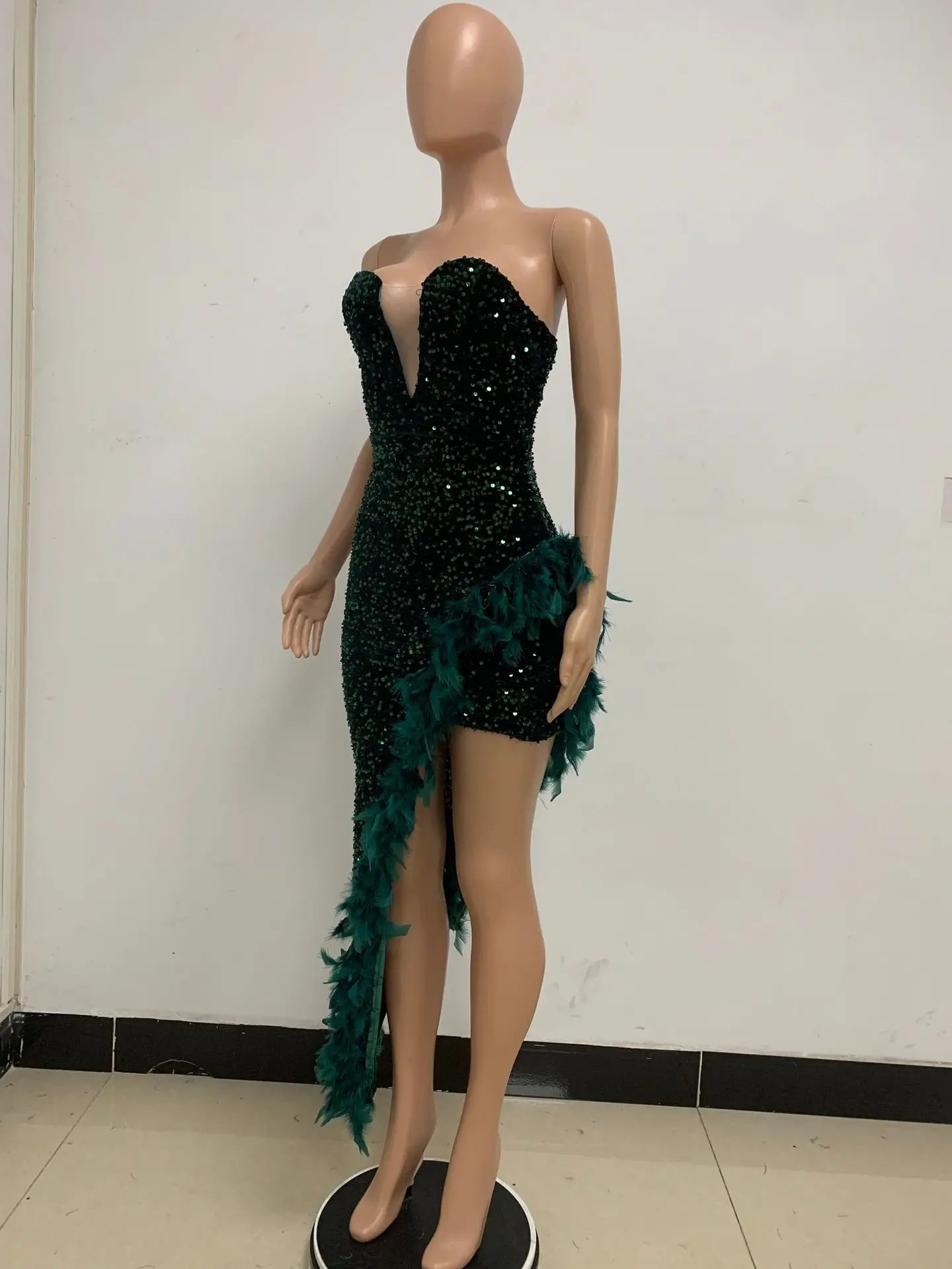 Women Asymmetrical Feather Cocktail Party Dress