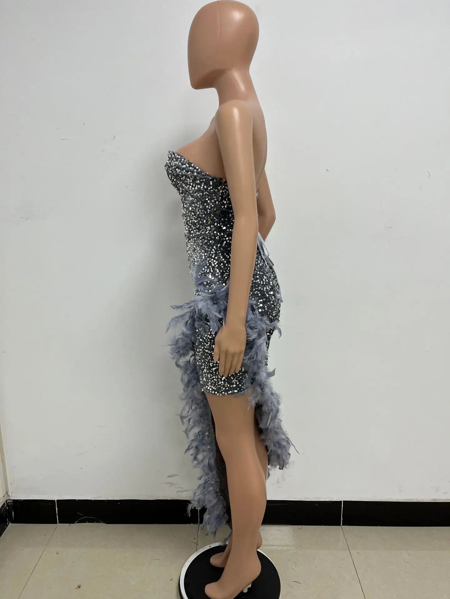 Women Asymmetrical Feather Cocktail Party Dress