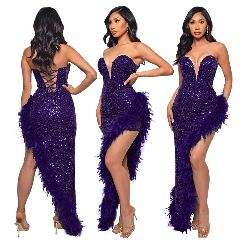 Women Asymmetrical Feather Cocktail Party Dress
