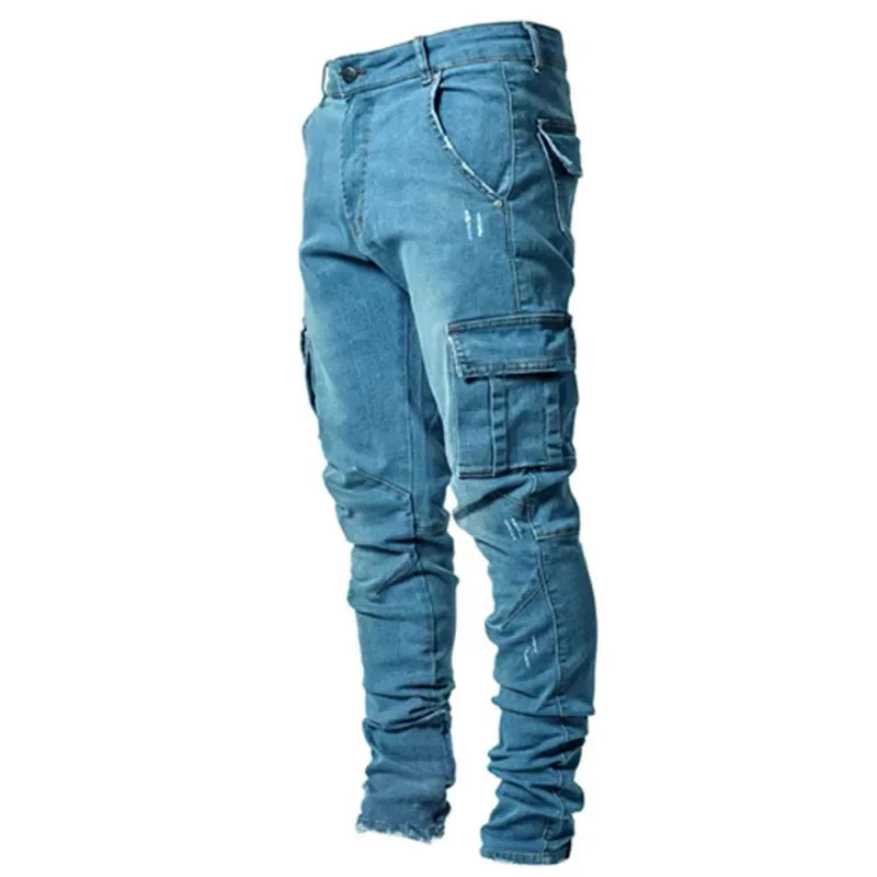 Men Multi Pockets Denim Mid Waist Cargo Jeans