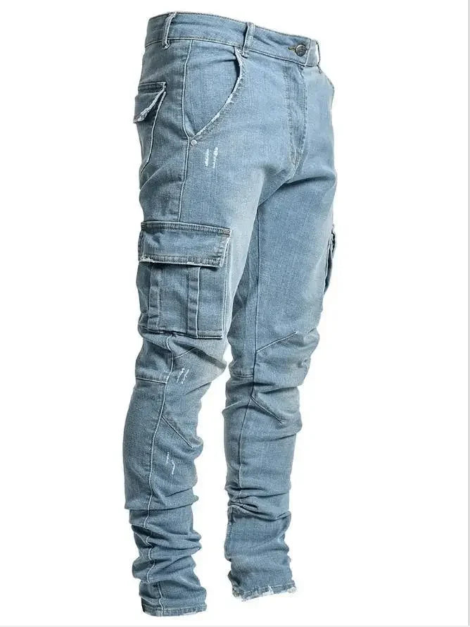 Men Multi Pockets Denim Mid Waist Cargo Jeans