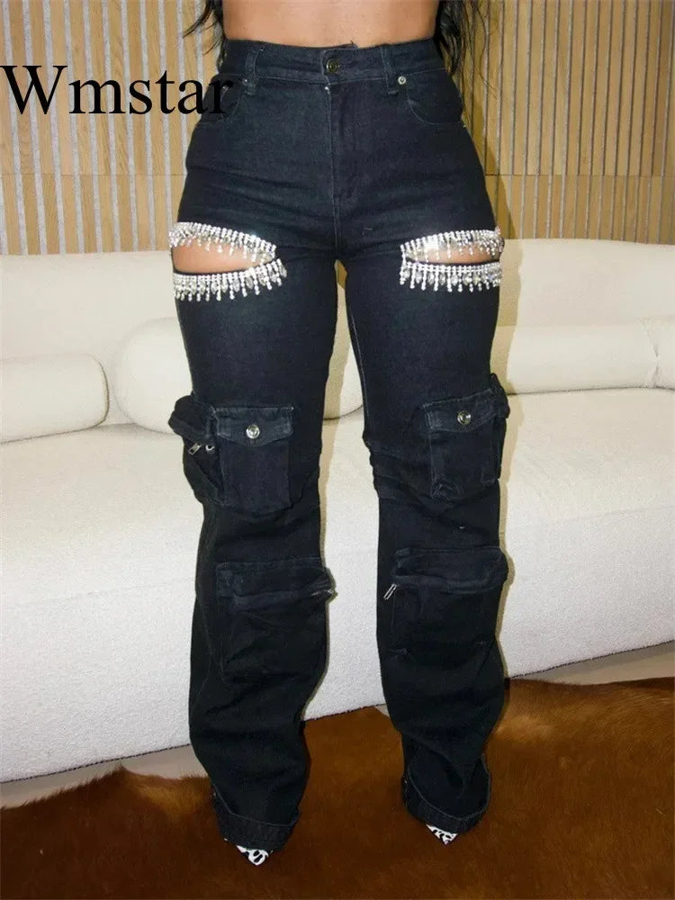 Women Tassel Diamond Pieces Mid Waist  Jeans