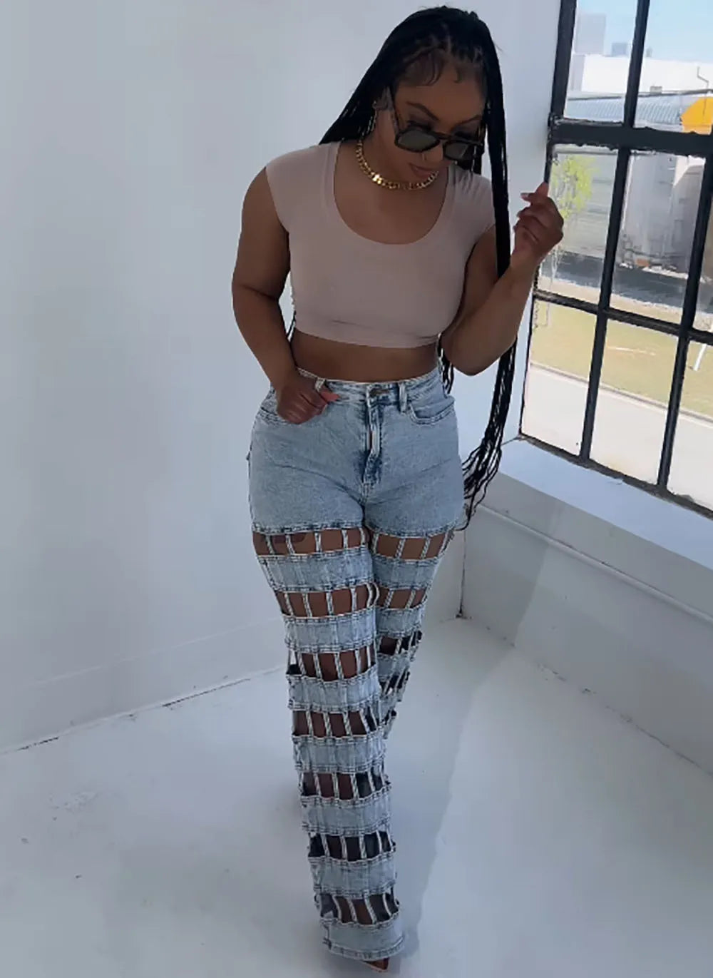 Women Hollow Out High-Waisted Jeans