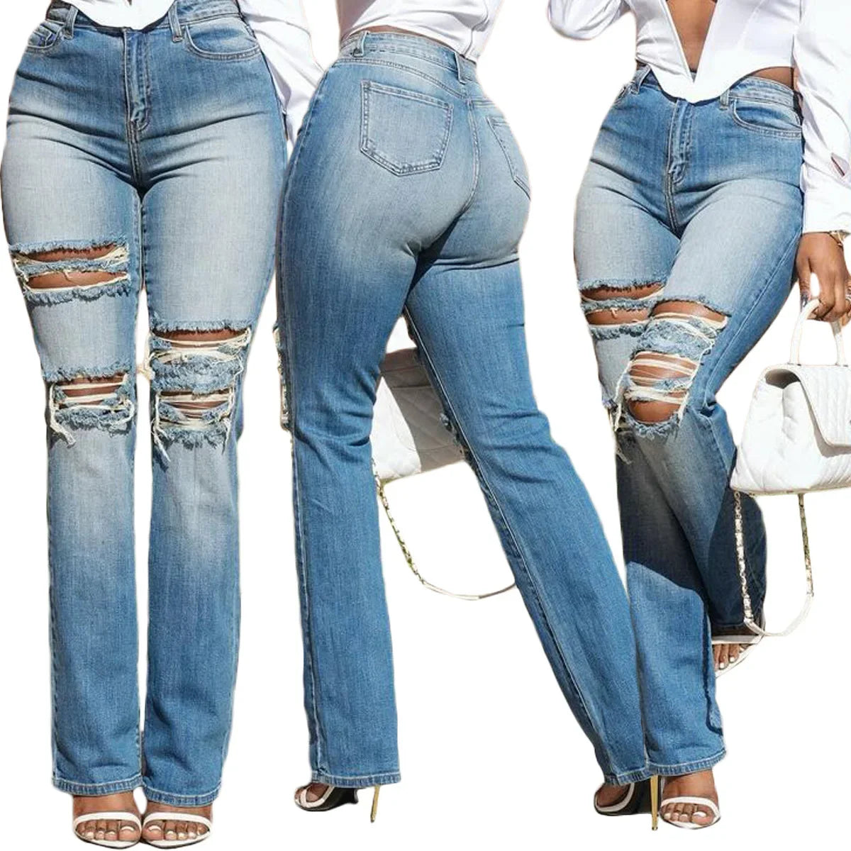 Women High Strecth Distressed  Vintage Ripped Jeans
