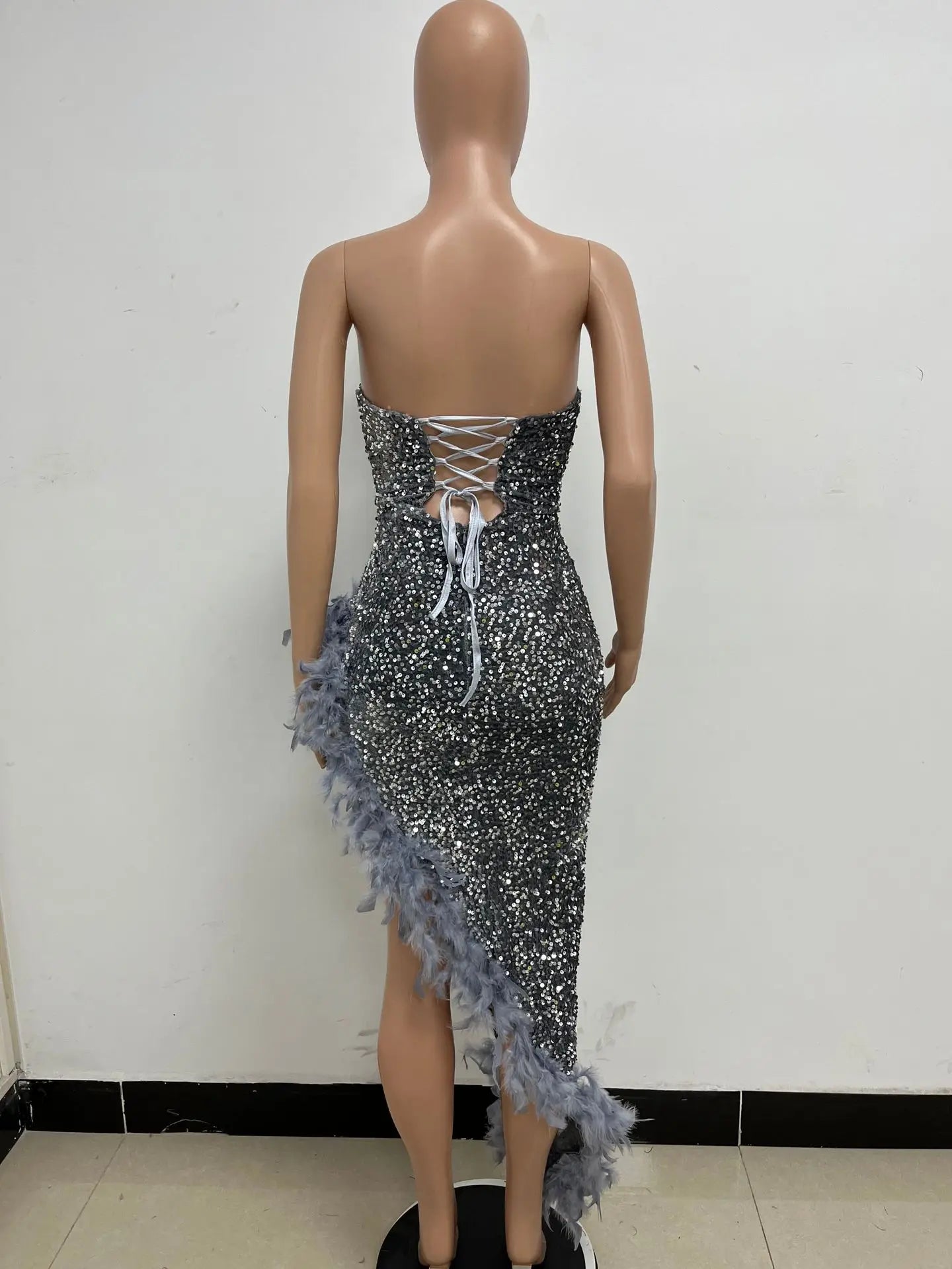 Women Asymmetrical Feather Cocktail Party Dress