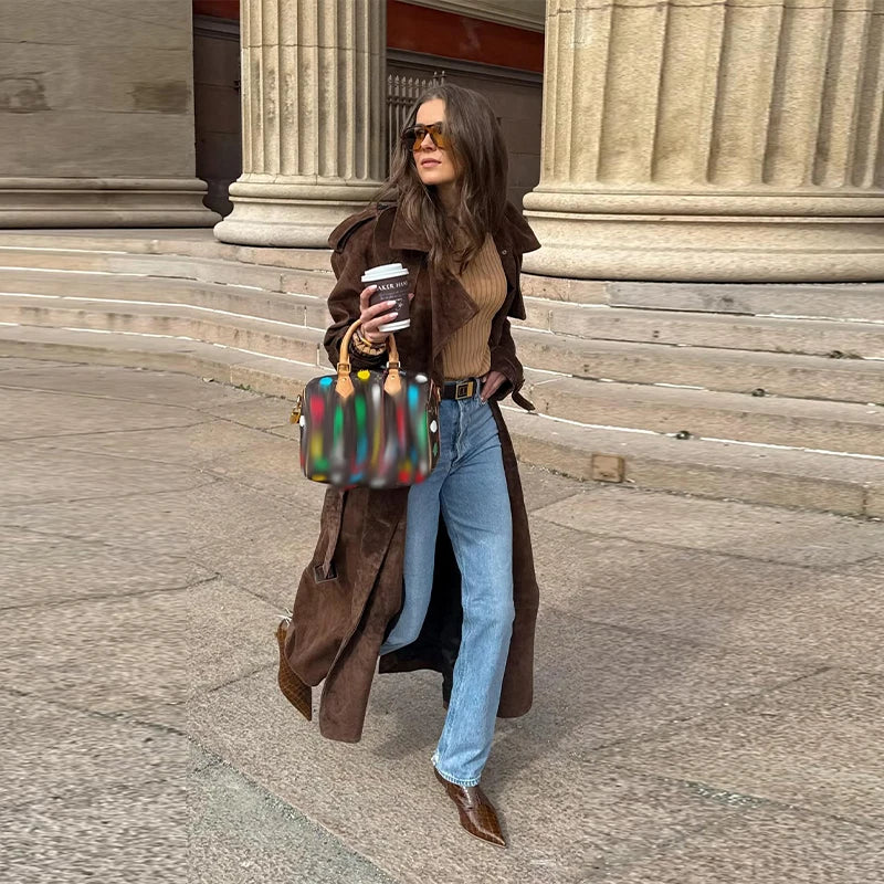 Vintage Suede Women Double Breasted Coat