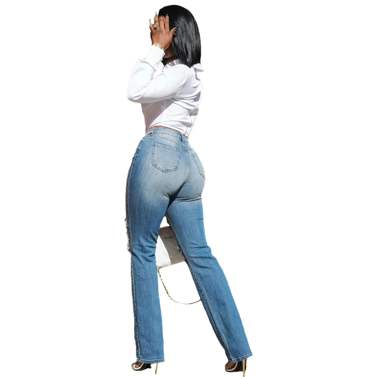 Women High Strecth Distressed  Vintage Ripped Jeans