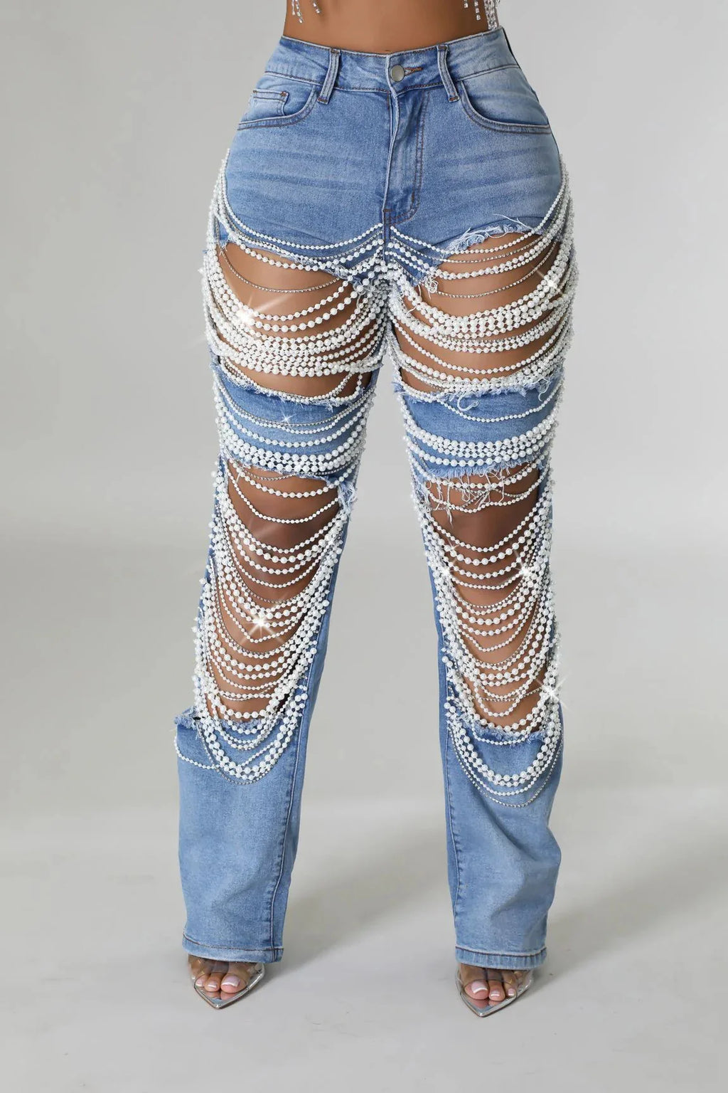 Women Diamonds Chain Stretch High Waist Jeans