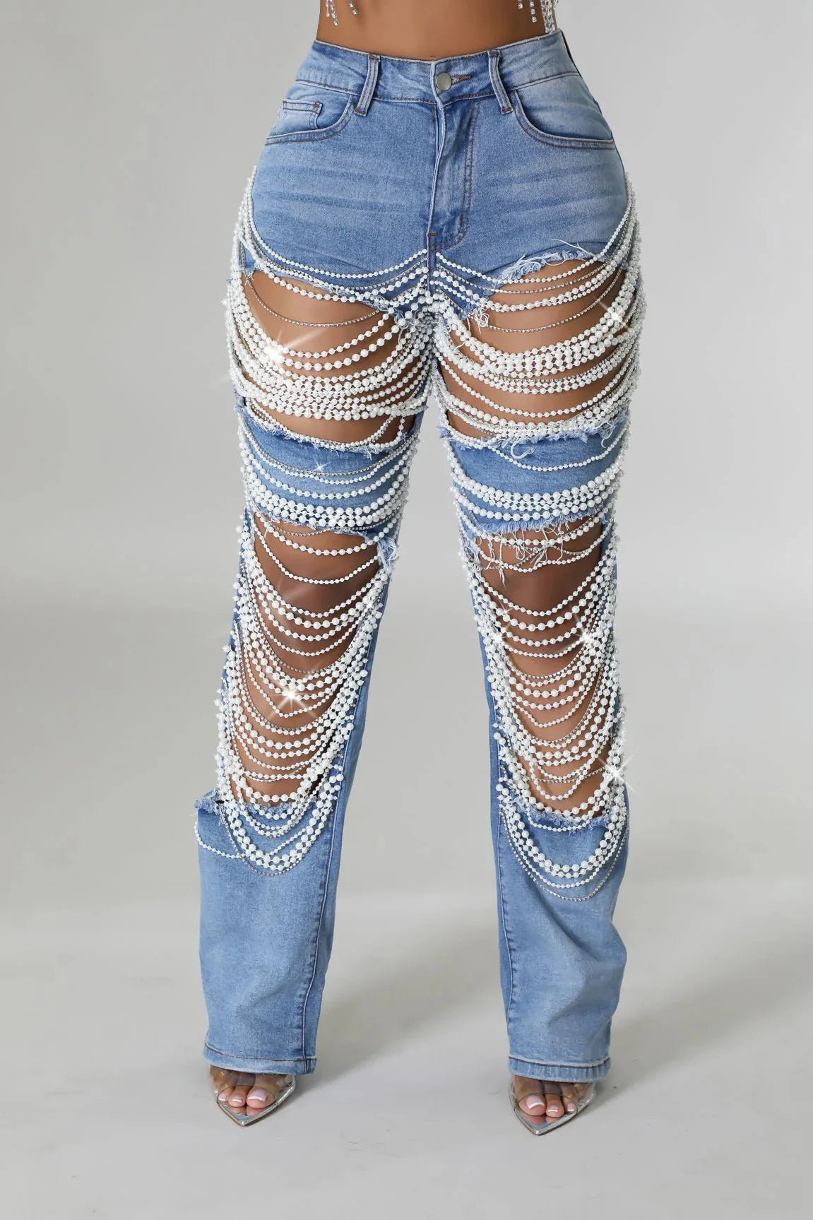 Women Diamonds Chain Stretch High Waist Jeans