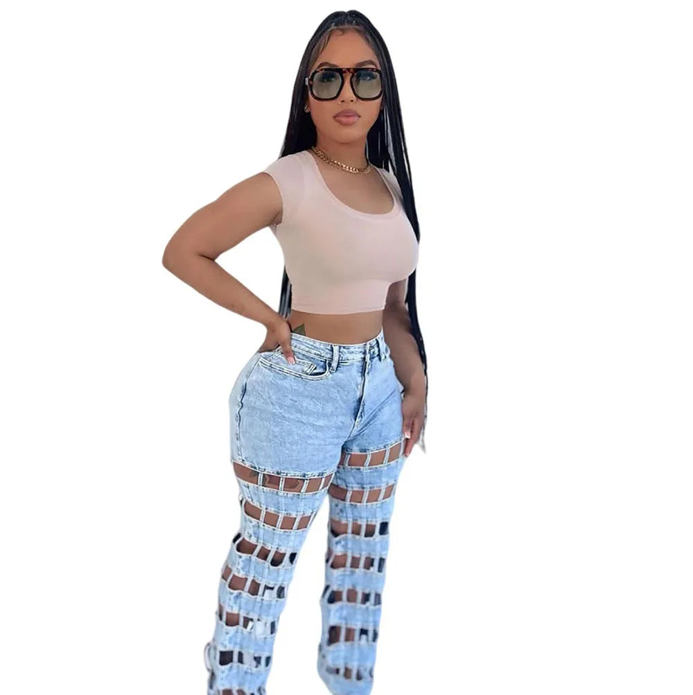 Women Hollow Out High-Waisted Jeans