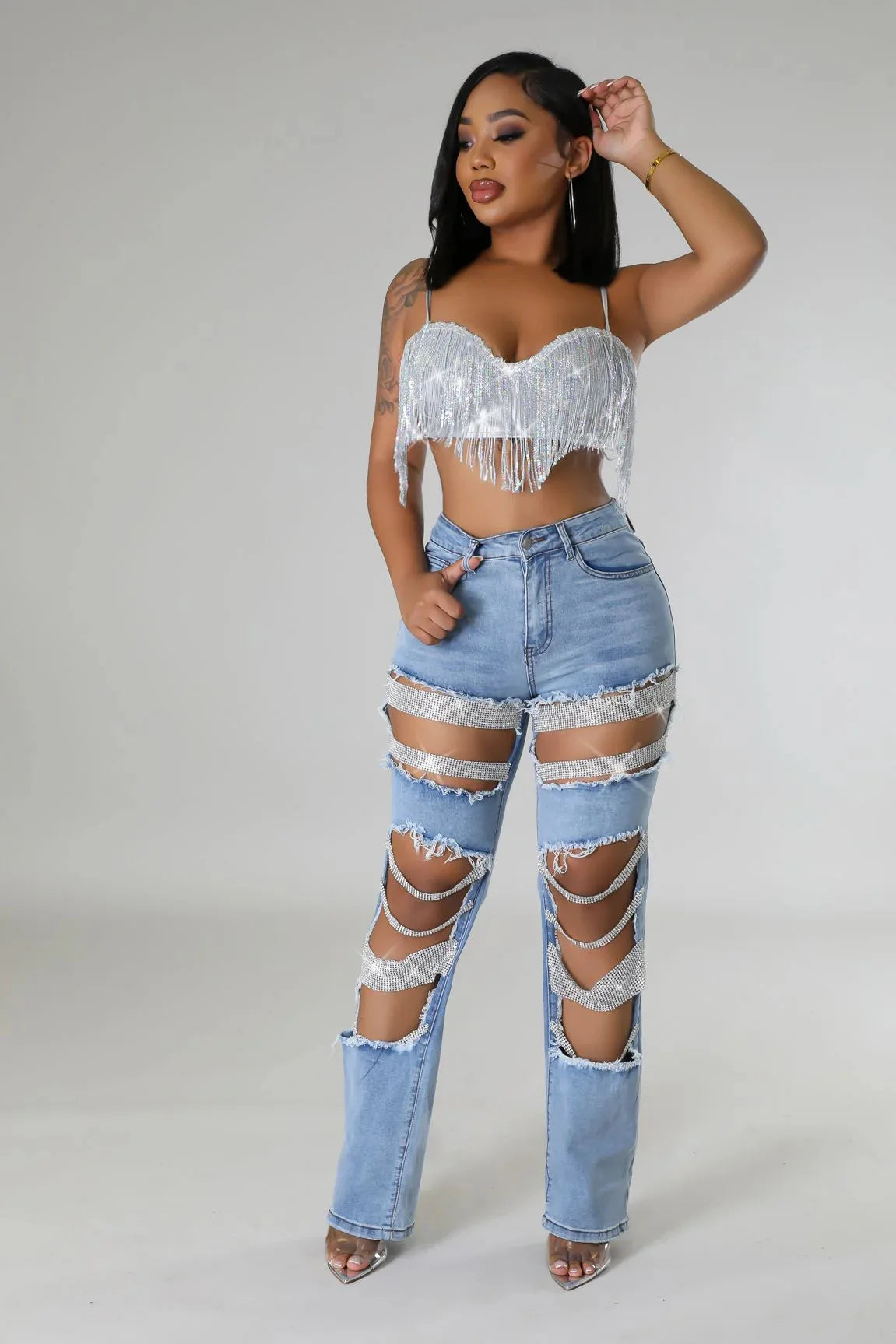 Women Diamonds Chain Stretch High Waist Jeans