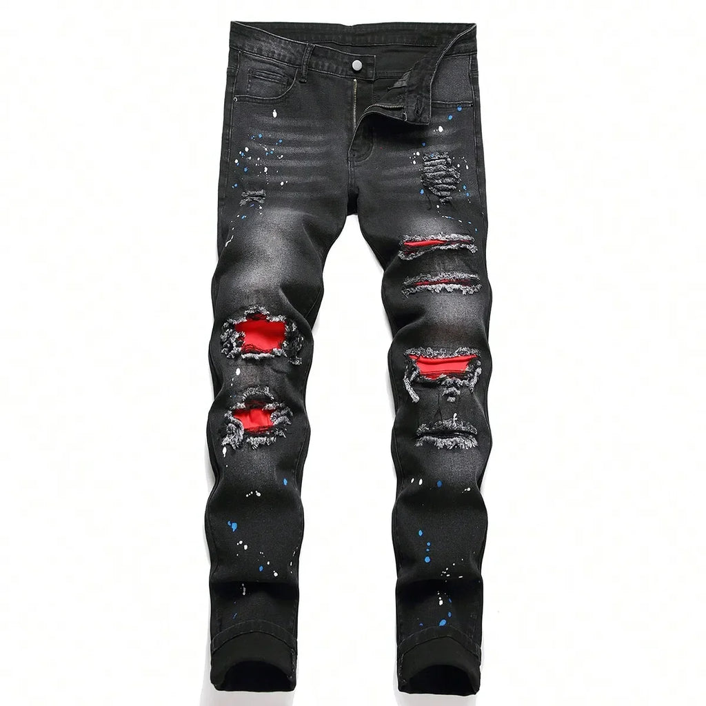 Men Ripped Patchwork Slim Fit Denim