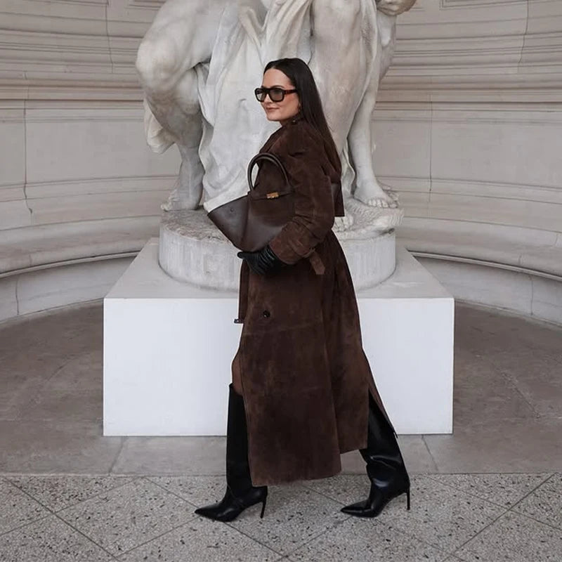 Vintage Suede Women Double Breasted Coat