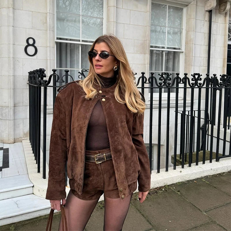Vintage Suede Women Double Breasted Coat