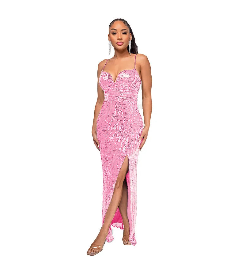 Womens Criss-Cross Sequin Elegant Evening Dress