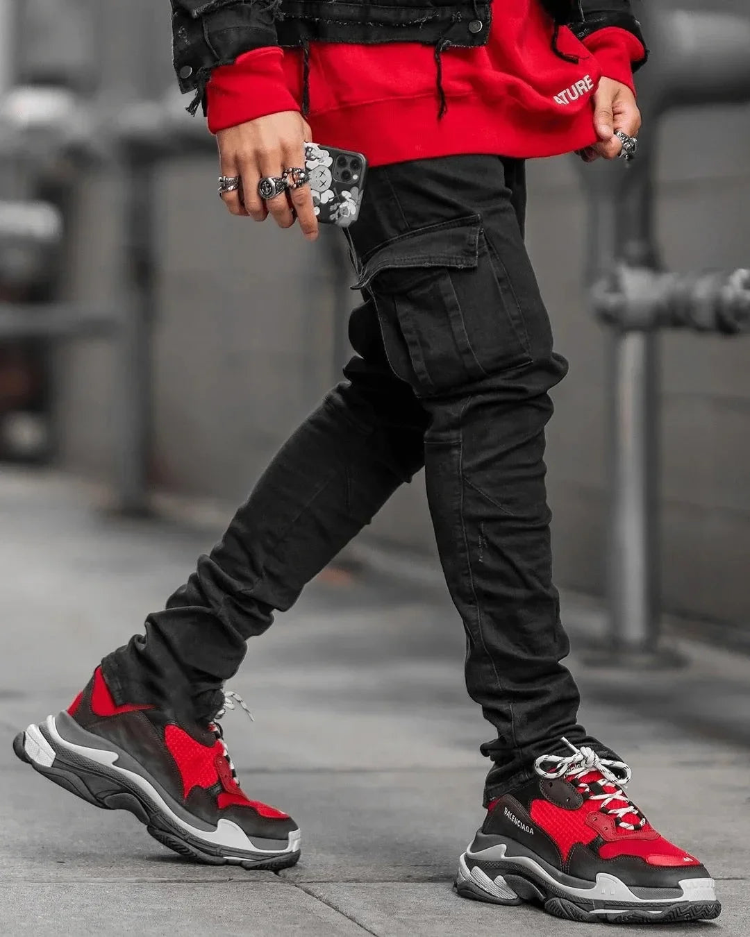 Men Multi Pockets Denim Mid Waist Cargo Jeans