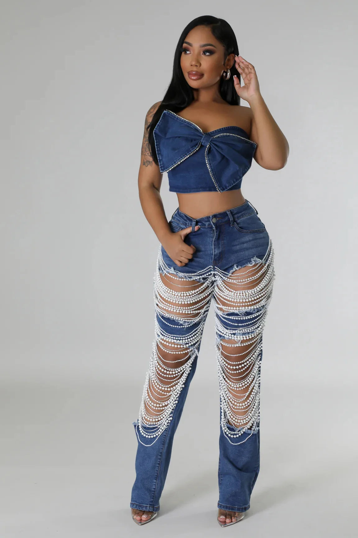 Women Diamonds Chain Stretch High Waist Jeans