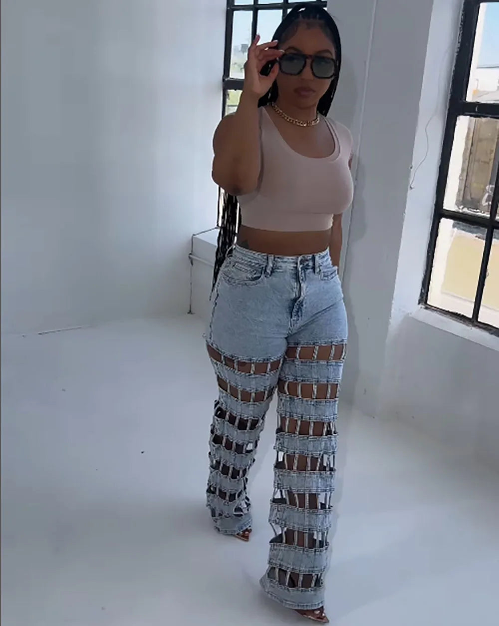 Women Hollow Out High-Waisted Jeans