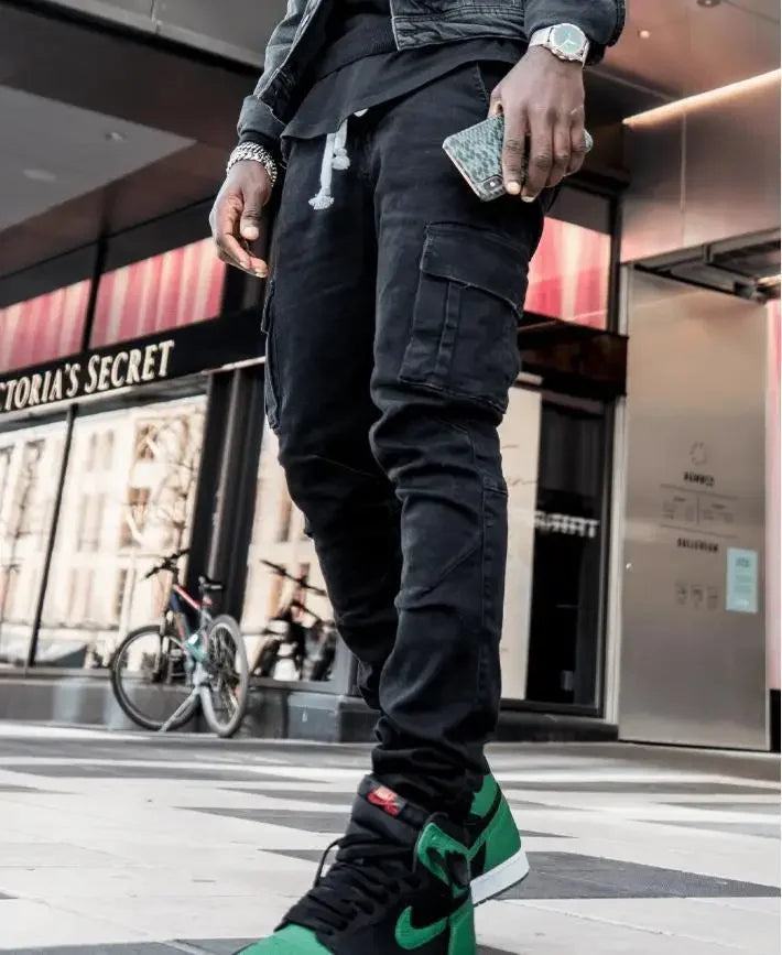 Men Multi Pockets Denim Mid Waist Cargo Jeans