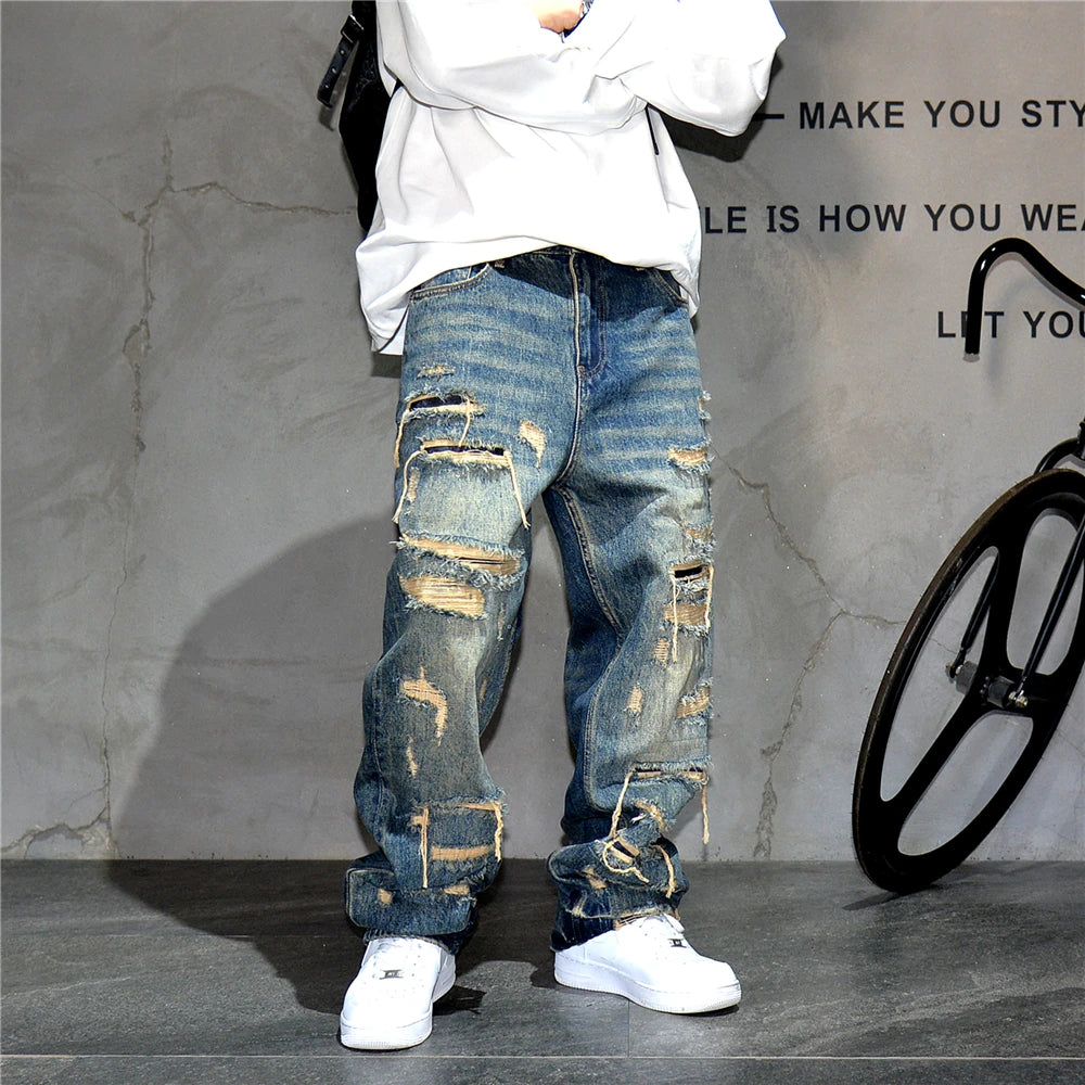 Mens Baggy Distressed Denim Patchwork