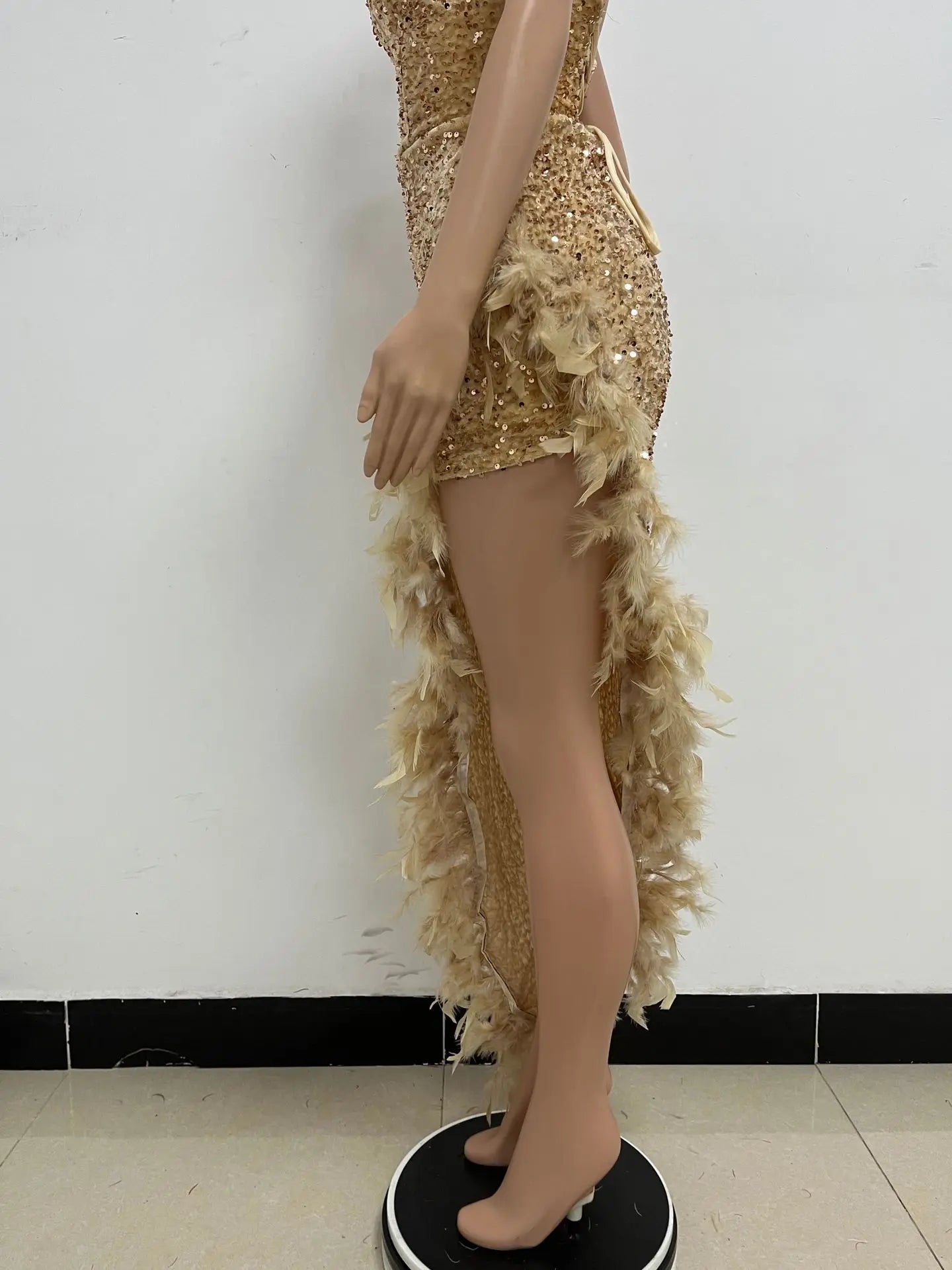 Women Asymmetrical Feather Cocktail Party Dress