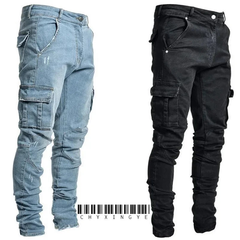 Men Multi Pockets Denim Mid Waist Cargo Jeans