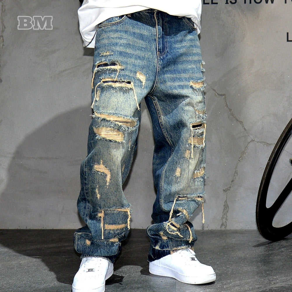 Mens Baggy Distressed Denim Patchwork