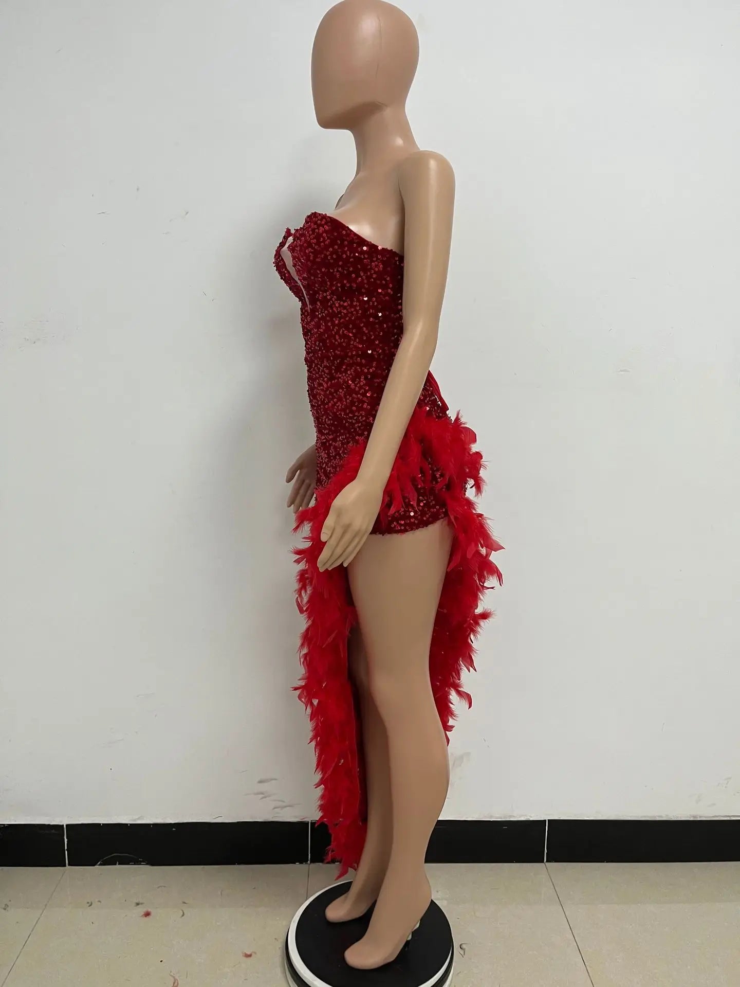 Women Asymmetrical Feather Cocktail Party Dress