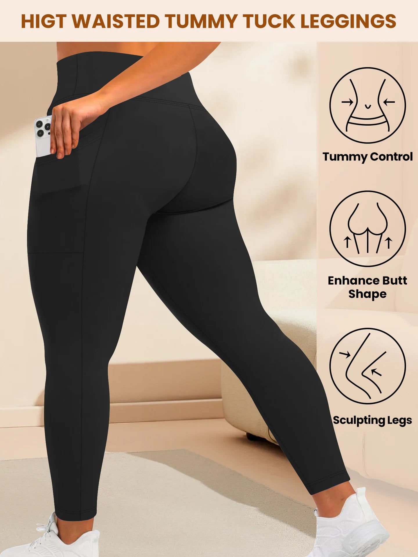 Women's High-Waisted  Butt-Lifting Leggings with Pockets Plus Size