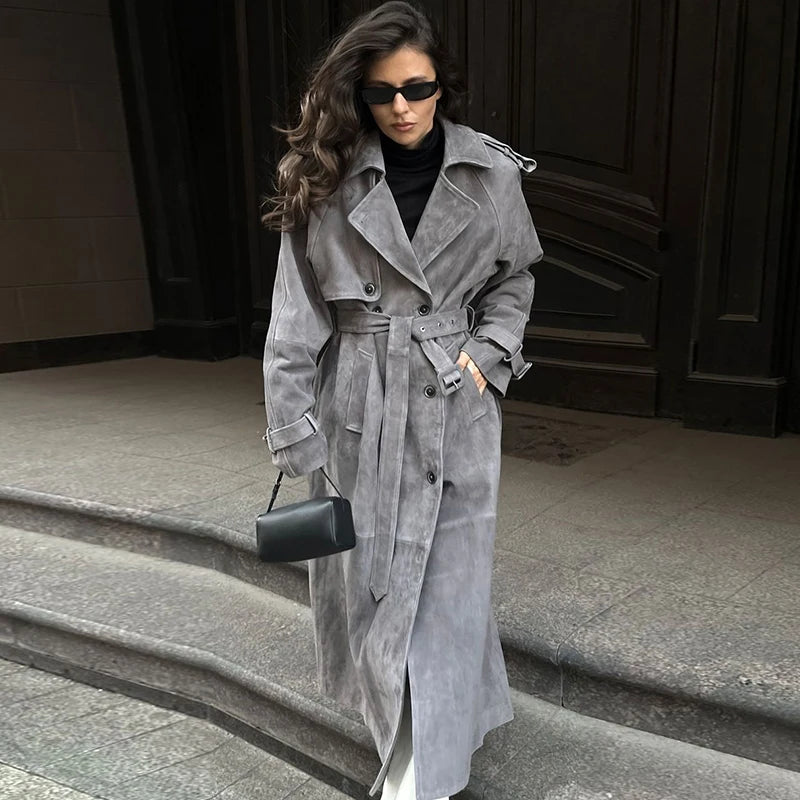Vintage Suede Women Double Breasted Coat