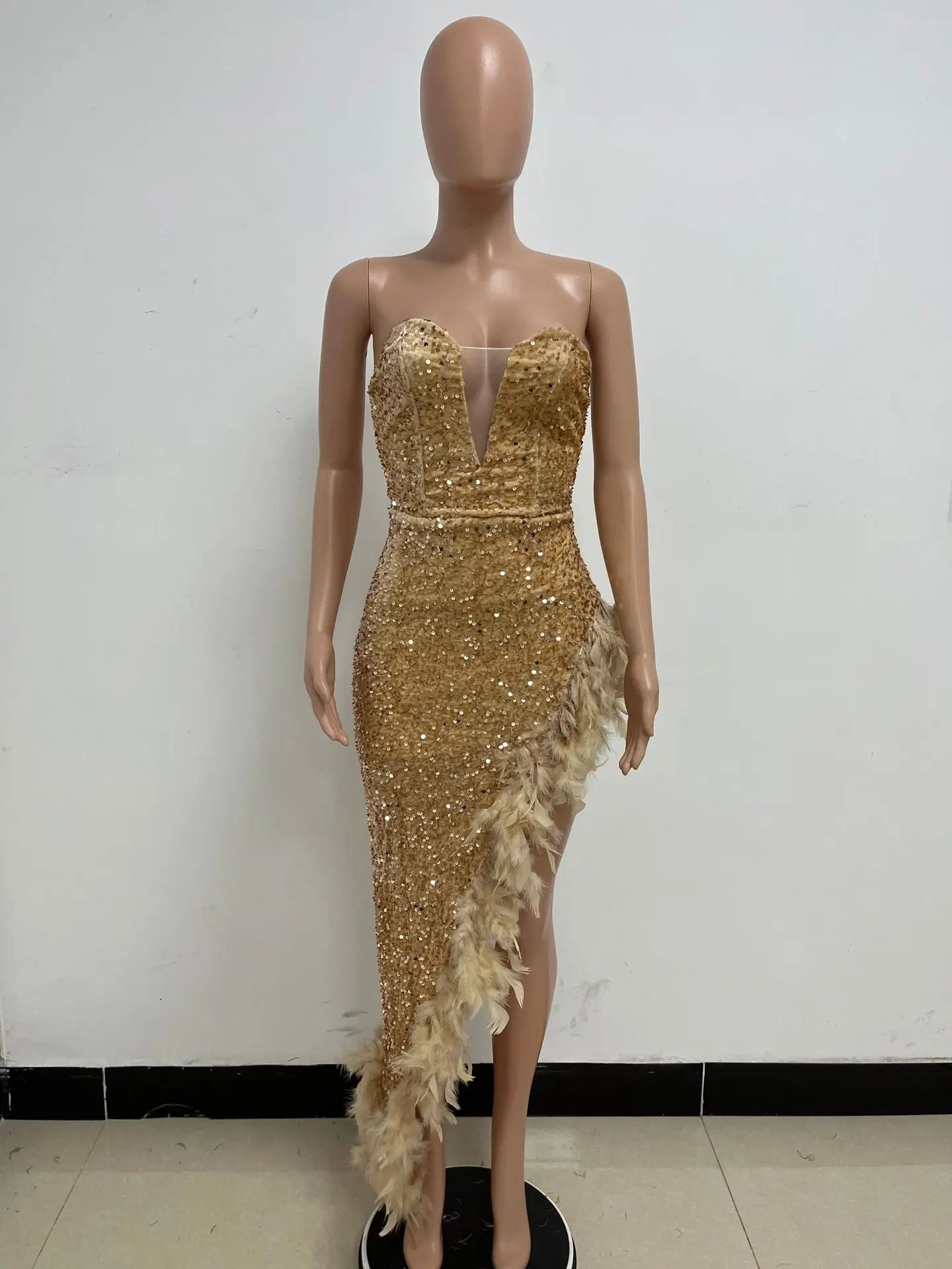 Women Asymmetrical Feather Cocktail Party Dress