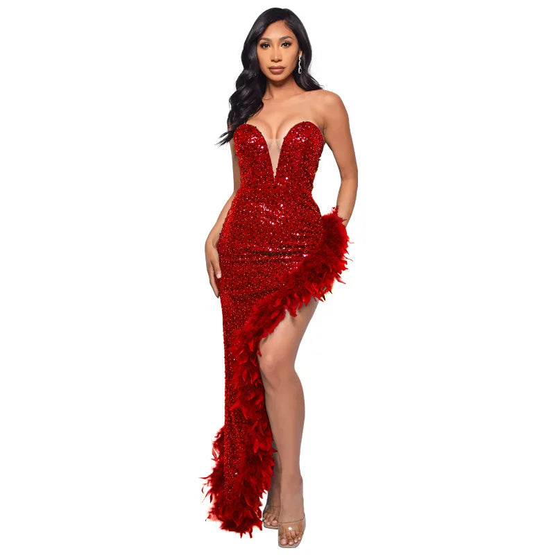 Women Asymmetrical Feather Cocktail Party Dress