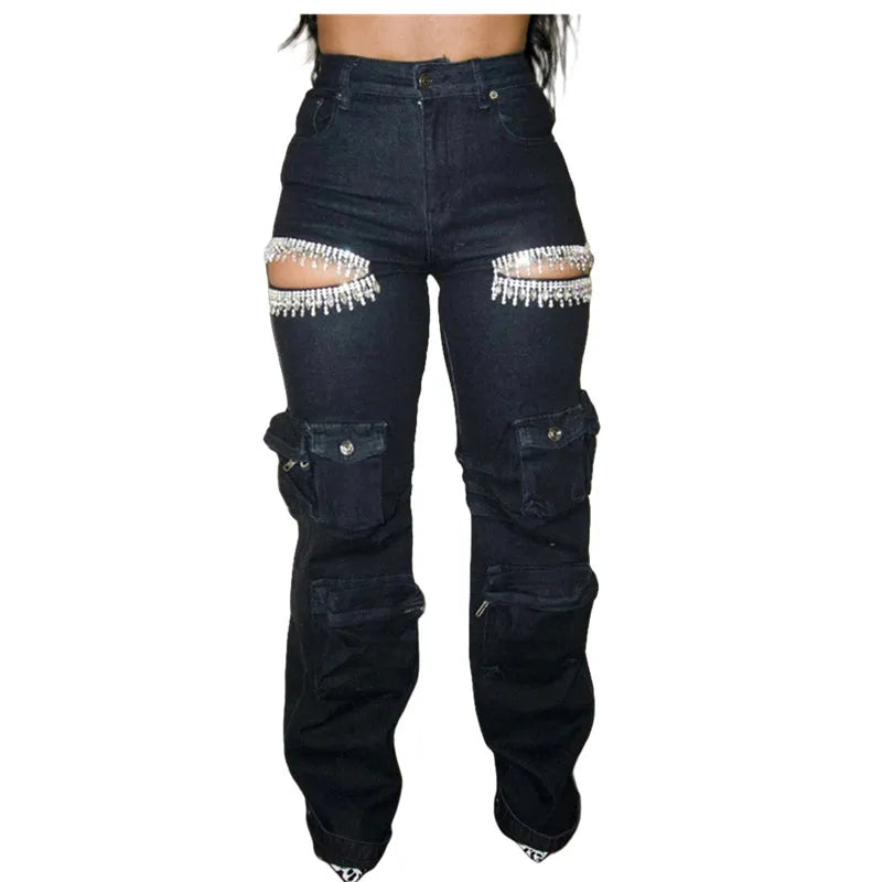 Women Tassel Diamond Pieces Mid Waist  Jeans