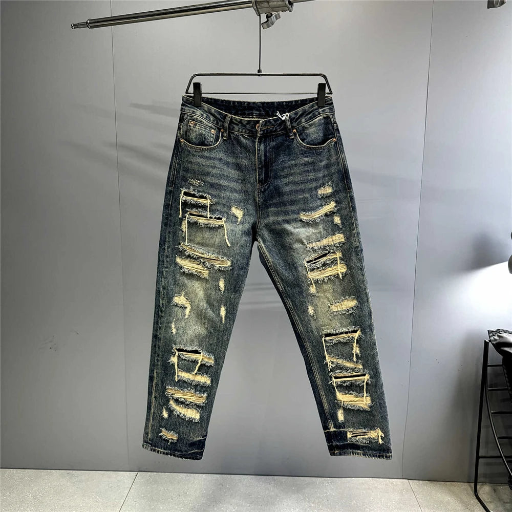 Mens Baggy Distressed Denim Patchwork